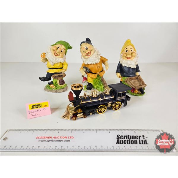 Snow White Dwarf Garden Gnomes (3) w/Toy SS 7501 Locomotive Train Engine (Tallest Gnome Measures : 6