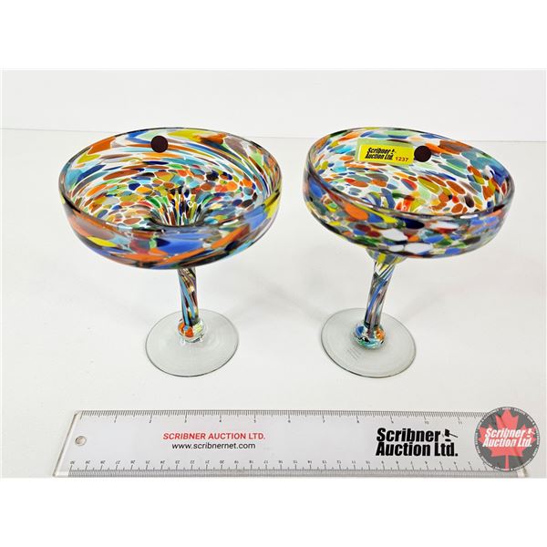 Hand-Blown Margarita Glasses (2): (Confetti Pattern) (Measure : 6-3/4"H)