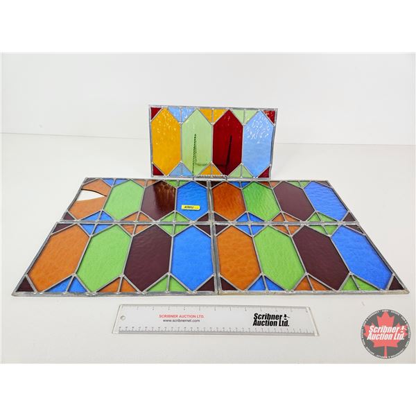 Stain Glass Panels (5) : (Amber Glass Broken in One Panel) (Each Measures : 7-1/2"H x 13-1/4"W)