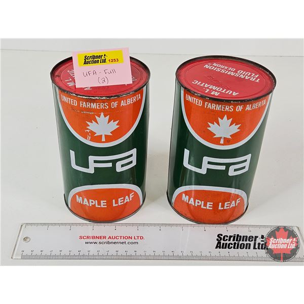 UFA Automatic Transmission Fluid Cans (2) : Maple Leaf (Both Full) (Both Measure : 6-1/2"H x 4"Dia)
