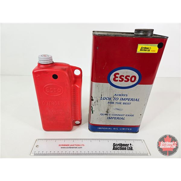 ESSO Oil Cans (2) : - Gear Oil (Partially Full) (Measures : 11-1/2"H x 6-3/4"W x 4"D) - Outboard Eas