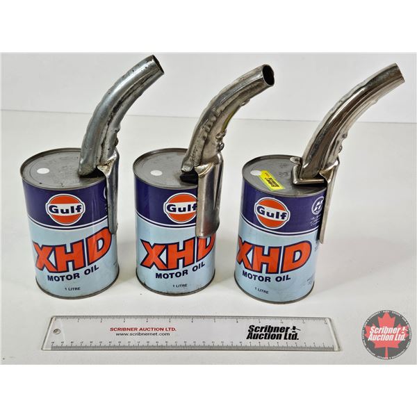 GULF Oil Cans (3) : XHD Motor Oil w/Carter Temro Lube Pouring Spouts (2) & PLEWS Pouring Spout (All 