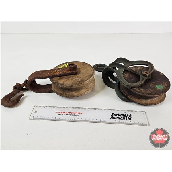 Antique Wooden Wheel Barn Pulleys (2)