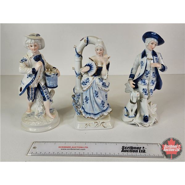 Vintage Victorian Porcelain Figurines (3) : Blue & White w/Gold Accents - Gentleman w/His Dog - Lady