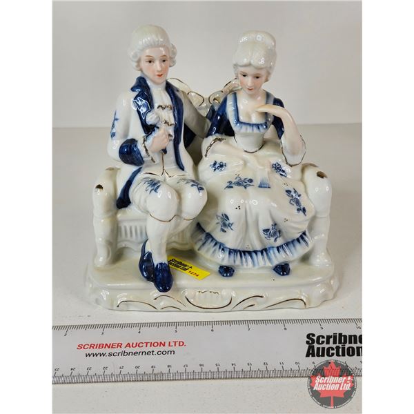 Vintage Victorian Porcelain Figurine : Blue & White w/Gold Accents : Courting Couple (Measures : 8"H