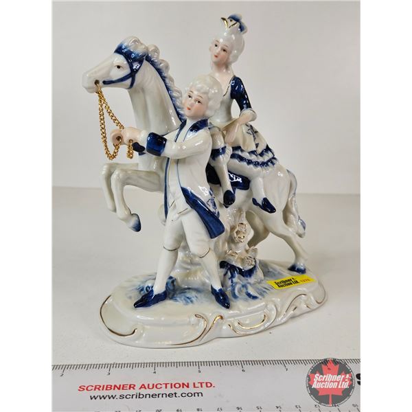 Vintage Victorian Porcelain Figurine : Blue & White w/Gold Accents : Lady on Horse (Measures : 9"H x