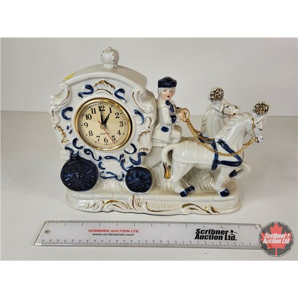 Vintage Victorian Porcelain Quartz Table Clock : Blue & White w/Gold Accents : Stage Coach (Battery 