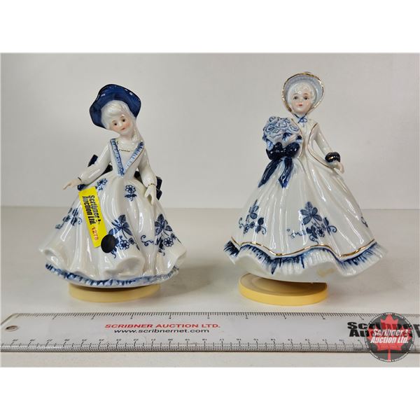 Vintage Victorian Porcelain Music Boxes (2) : Blue & White w/Gold Accents : Ladies (Note : One Music