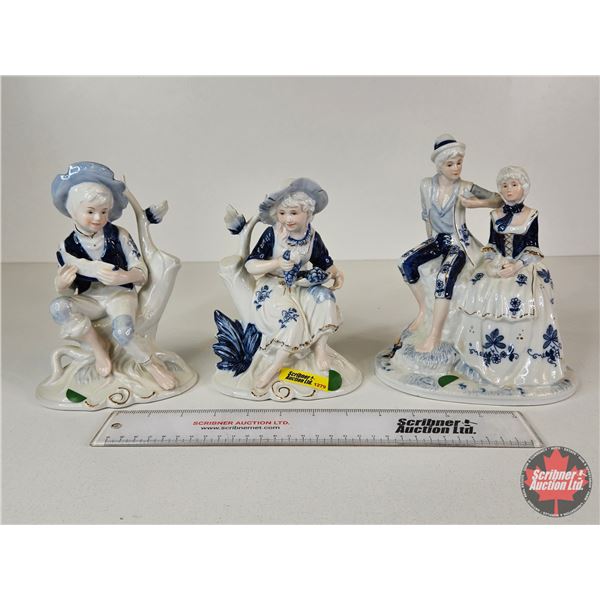 Vintage Victorian Porcelain Figurines (3) : Blue & White w/Gold Accents - Boy Eating Watermelon - Co