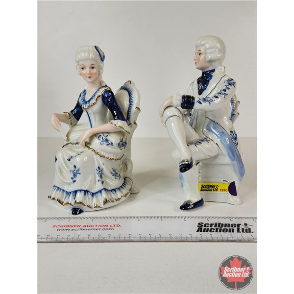 Vintage Victorian Porcelain Figurines (3) : Blue & White w/Gold Accents : Ladies & Umbrella's (Talle