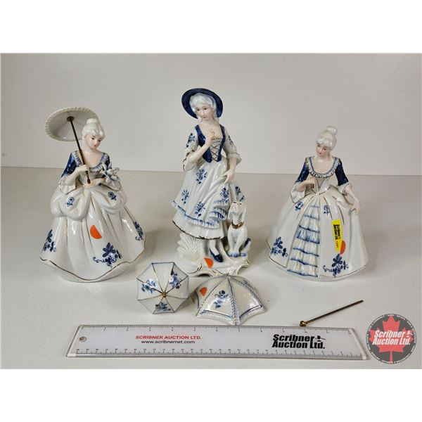 Vintage Victorian Porcelain Figurines (2) : Blue & White w/Gold Accents : Lady & Gentleman Seated (T