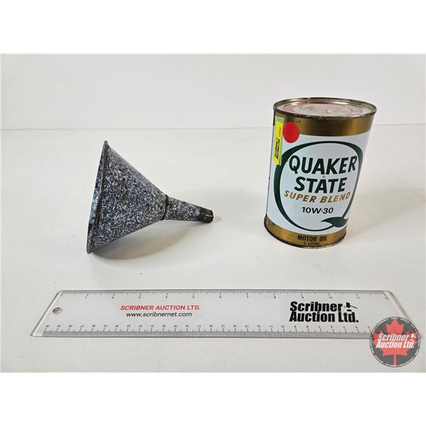 Oil Combo (2) : Quaker State Super Blend Oil Can (Full) w/Enamel Funnel (Oil Can Measures : 6"H x 4"
