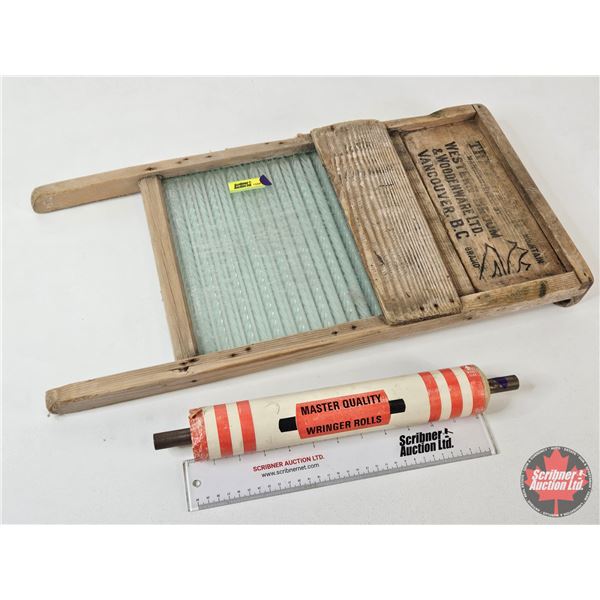 Washboard "Western Broom & Woodenware Ltd." & Master Quality Wringer Rolls (Washboard Measures : 24"