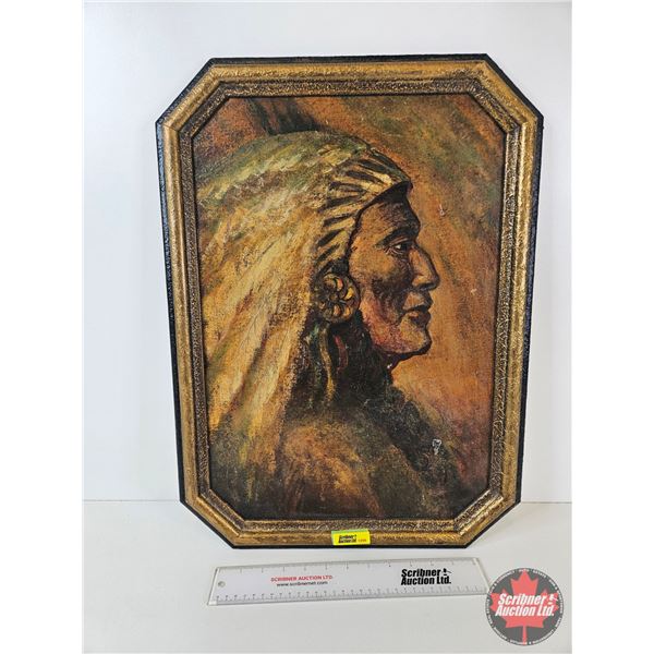 Framed Canvas Painting : Native American Chief (NOTE : Tear on Painting) (Measures : 22-1/2"H x 16-1