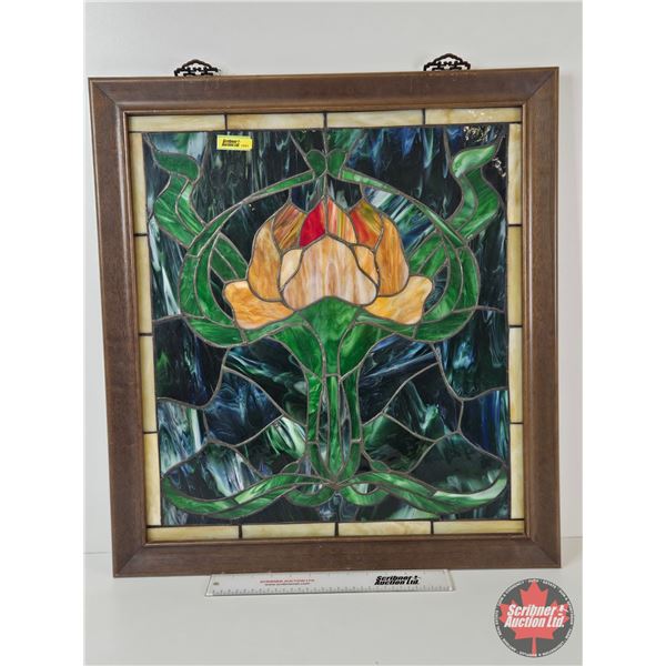 Framed Stained Glass : Tiffany Style Flower Motif (Measures : 25-5/8"H x 23-1/2"W)