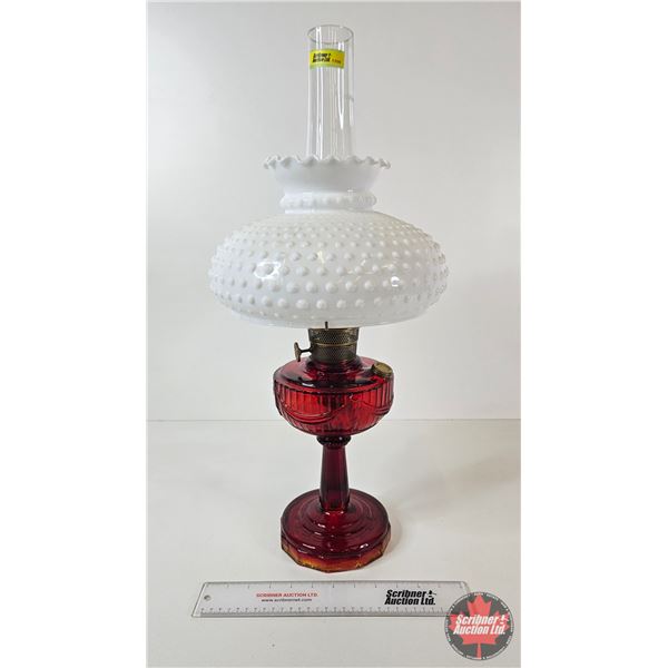 Aladdin Oil Lamp : Model B Burner : Lincoln Drape : Red Hue Font w/Hobnail Milk Glass Shade (Measure