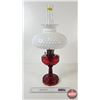 Image 1 : Aladdin Oil Lamp : Model B Burner : Lincoln Drape : Red Hue Font w/Hobnail Milk Glass Shade (Measure