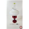Image 2 : Aladdin Oil Lamp : Model B Burner : Lincoln Drape : Red Hue Font w/Hobnail Milk Glass Shade (Measure