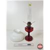 Image 3 : Aladdin Oil Lamp : Model B Burner : Lincoln Drape : Red Hue Font w/Hobnail Milk Glass Shade (Measure