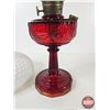 Image 4 : Aladdin Oil Lamp : Model B Burner : Lincoln Drape : Red Hue Font w/Hobnail Milk Glass Shade (Measure