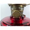 Image 6 : Aladdin Oil Lamp : Model B Burner : Lincoln Drape : Red Hue Font w/Hobnail Milk Glass Shade (Measure
