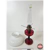 Image 7 : Aladdin Oil Lamp : Model B Burner : Lincoln Drape : Red Hue Font w/Hobnail Milk Glass Shade (Measure