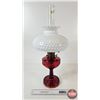 Image 8 : Aladdin Oil Lamp : Model B Burner : Lincoln Drape : Red Hue Font w/Hobnail Milk Glass Shade (Measure