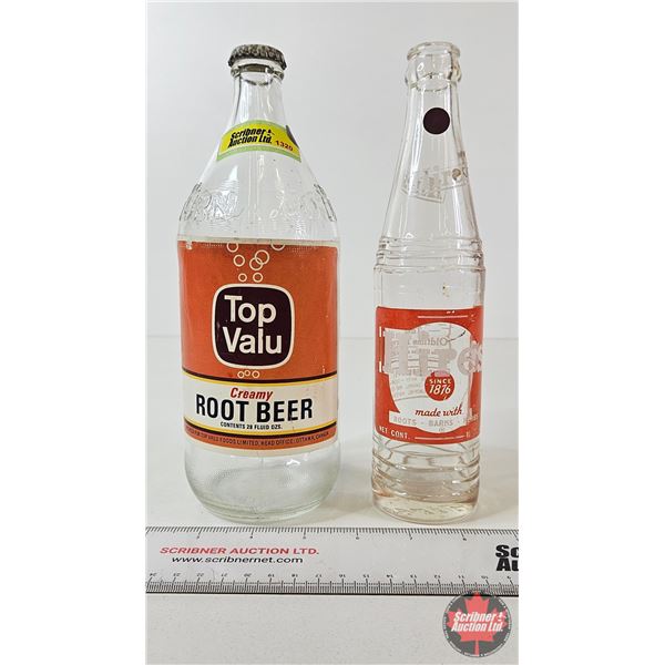 Root Beer Bottles (2) : "Hires" ACL & "Top Valu" Paper Label (Tallest Measures : 9-1/2"H)