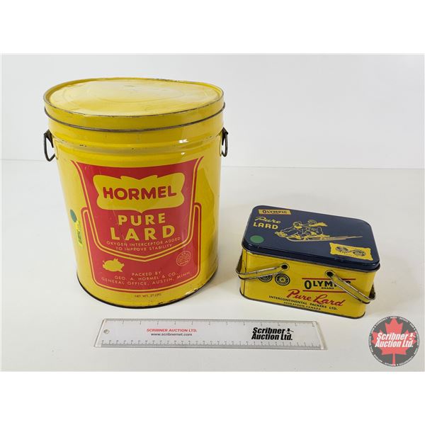 Lard Tins (2) : - Hormel Lard Pail - Olympic Brand Lard Lunch Box Tin (Hormel Measures : 11-3/4"H x 