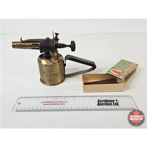Optimus No. 321 Brass Blow Torch w/Square Nails & Eddy Matchbox (Blower Measures : 6"H)