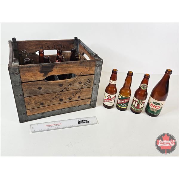 Silver Woods Wooden Shipping Crate w/Assorted Vintage Beer Bottles (12) : Incl. - Saskatoon Beer - B