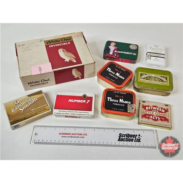 White Owl Cigar Box w/Variety of Tobacco/Cigarette Tins (8) : Incl. - Export "A" - Black Cat - Three