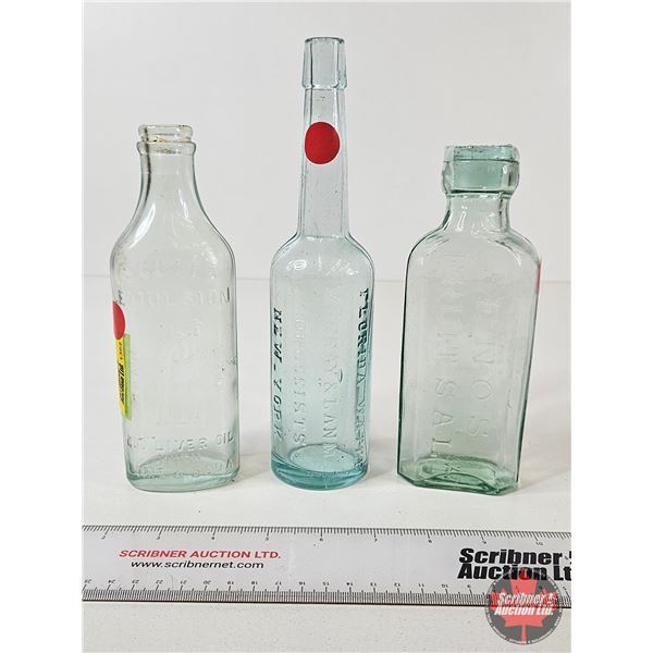 Aqua Embossed Bottles (3) : - Florida Water Murray & Lanman Druggists - Scott's Emulsion - Eno's Fru