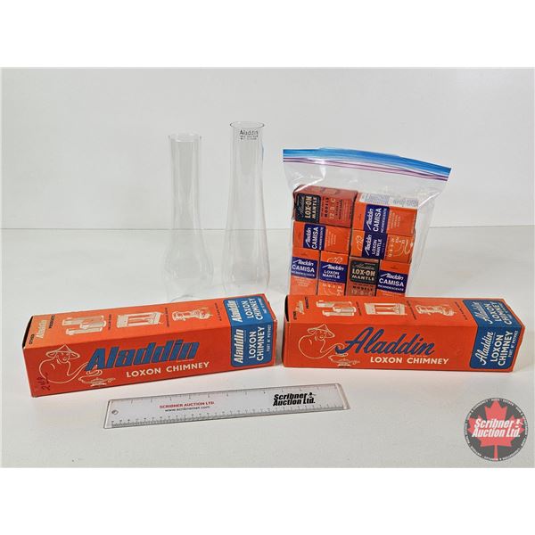 Oil Lamp Accessory Combo : - Aladdin Chimneys w/boxes (2) - Chimneys (2) - Aladdin Mantles w/boxes (