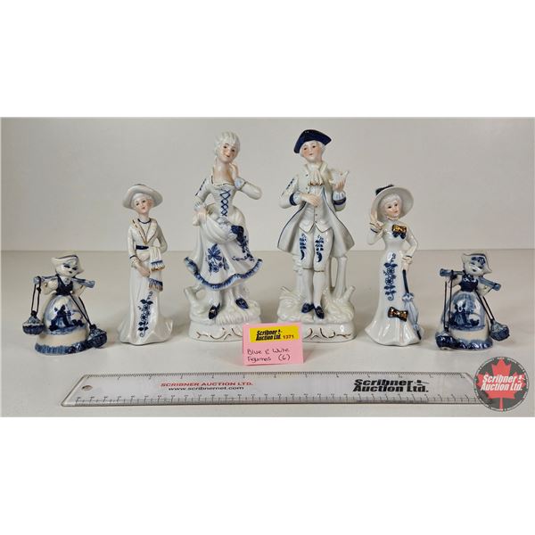 Vintage Porcelain Figurines (6) : Blue & White w/Gold Accents - Ladies (3) - A Gentleman Holding a D