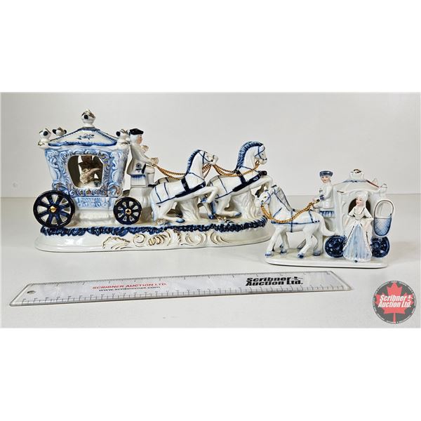 Vintage Victorian Porcelain Figurines (2) : Blue & White w/Gold Accents : Stage Coaches (Largest Mea