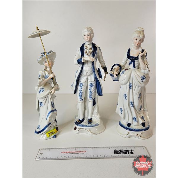 Vintage Victorian Porcelain Figurines (3) : Blue & White w/Gold Accents : Ladies & Gentleman (Talles