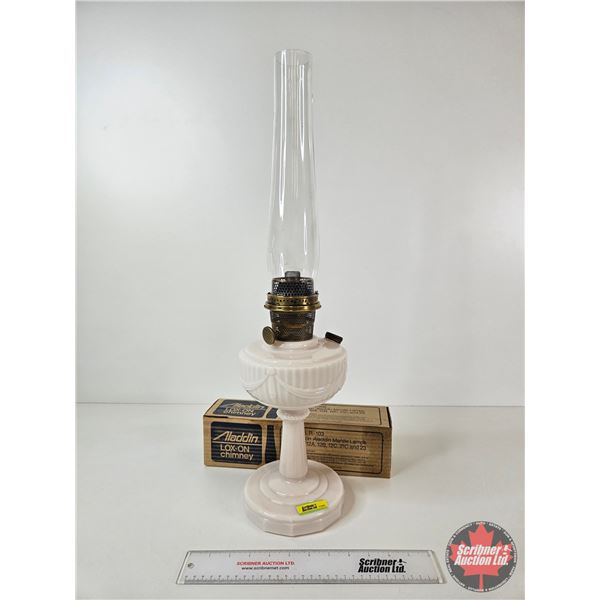 Aladdin Oil Lamp : Model B Burner : Tall Lincoln Drape : Alacite Font c/w Aladdin Chimney Box (NOTE 