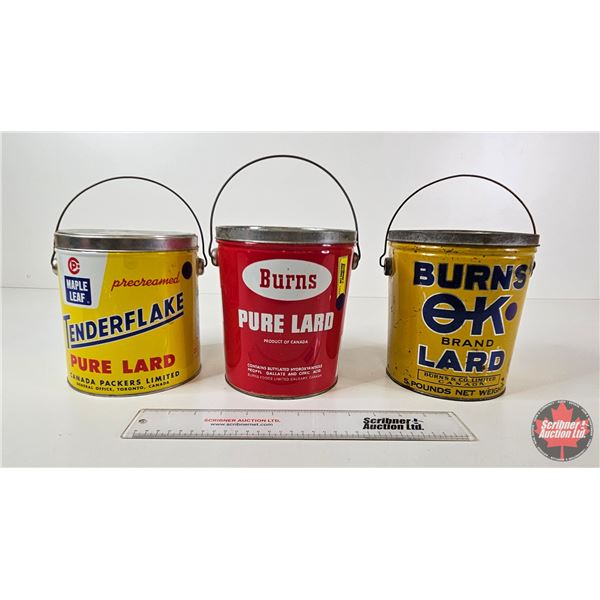 Lard Tins (3) : - Burns (Red) - Maple Leaf Tenderflake - Burns OK (Yellow) (Tallest Measures : 7-1/4