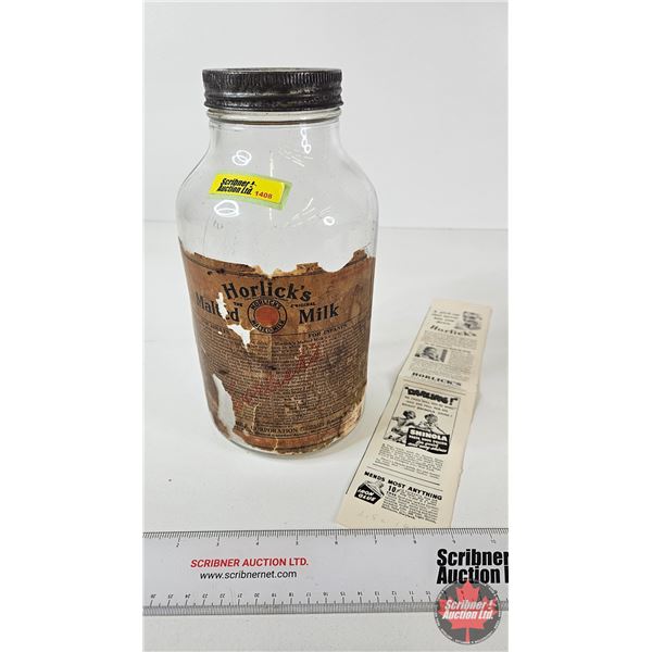 Horlick's Malted Milk Jar : Embossed & Paper Label (Measures : 10-1/2"H)
