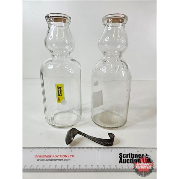 Cream Top Milk Bottles (2) w/Cream Spoon (1 Embossed ECD) (Both Measures : 10-1/4"H)