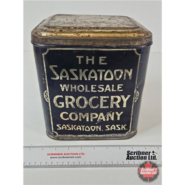 The Saskatoon Wholesale Grocery Company Tin (Saskatoon, SK) (Measures : 9"H x 8"W x 7"D)