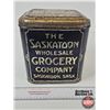 Image 1 : The Saskatoon Wholesale Grocery Company Tin (Saskatoon, SK) (Measures : 9"H x 8"W x 7"D)