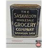 Image 2 : The Saskatoon Wholesale Grocery Company Tin (Saskatoon, SK) (Measures : 9"H x 8"W x 7"D)