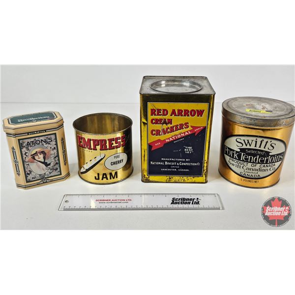 Vintage Confection Tins (4) :  - Swift's Pork Tenderloins - Red Arrow Cream Crackers - Empress Pure