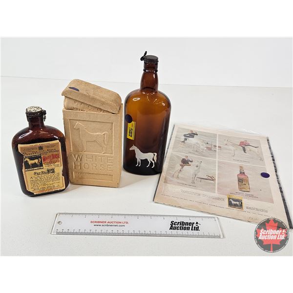 White Horse Scotch Whisky Collector Combo : - Bottle w/Cardboard Carrier (Paper Label) - ACL Bottle 