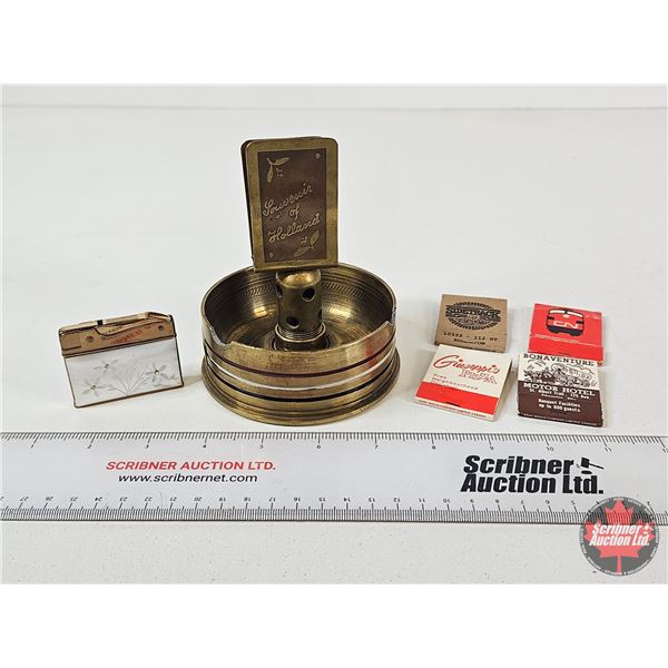 WWII Trench Art Brass Ashtray w/Integrated Matchbox Holder "Souvenir of Holland" (Repurposed Artille