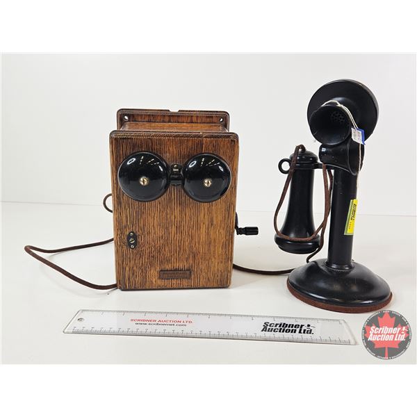 Western Electric Candlestick Phone w/Wood Box Ringer c/w Extra Mouthpiece (Candle Stick Measures : 1