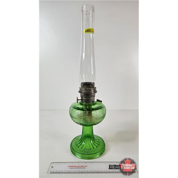 Aladdin Oil Lamp : Model B Burner : Beehive : Green Glass Font (c. 1937-38) Measures w/Chimney : 23-
