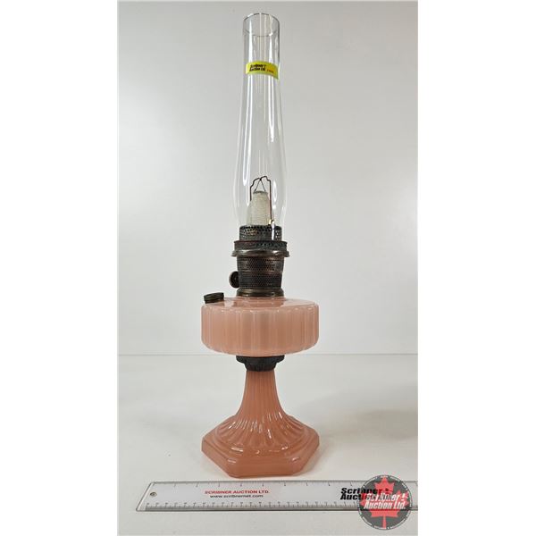 Aladdin Oil Lamp : Model B Burner : Corinthian Pink Hue Font (c. 1935-36) Measures w/Chimney : 23-1/